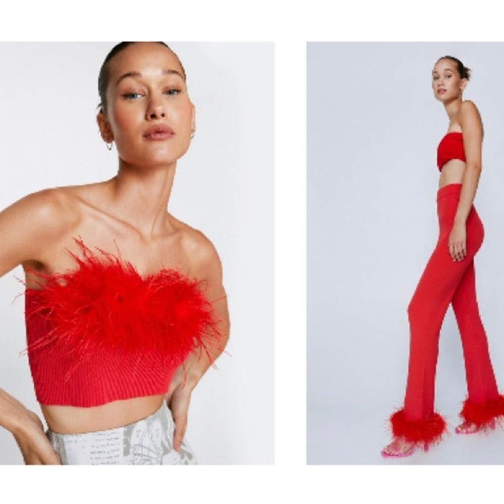 NEW ✨ NASTY GAL - stretchy feather trimmed set ❤️‍🔥❤️‍🔥